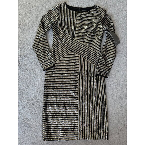 THEIA New Sz 8 Black & Gold Striped Sequin LS Evening Cocktail Dress $495 - Picture 11 of 16